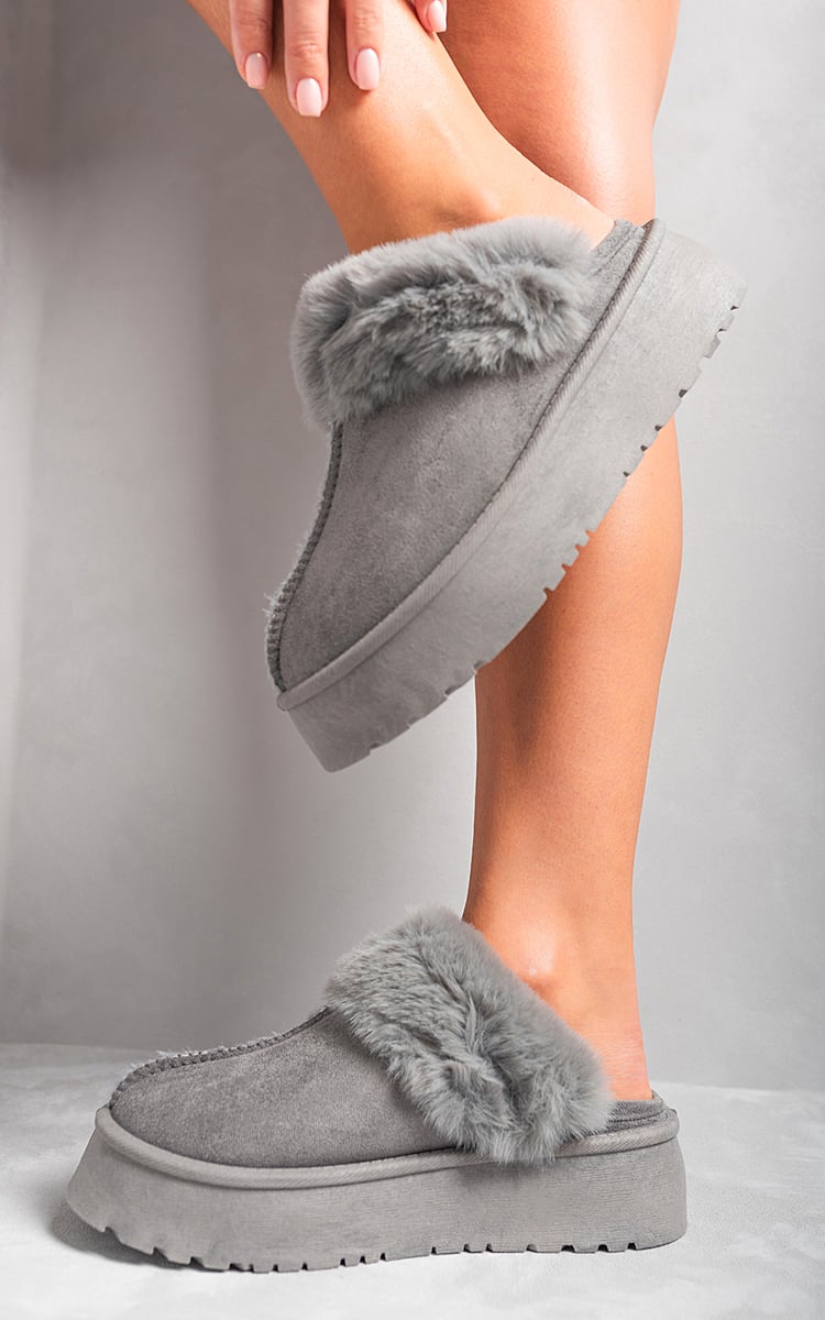 Faux Fur Trim Whisp Chunky Platform Slippers - BB Fashion Outlet