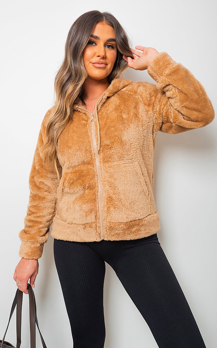 Zip Up Faux Fur Jacket with Hood Teddy Bear