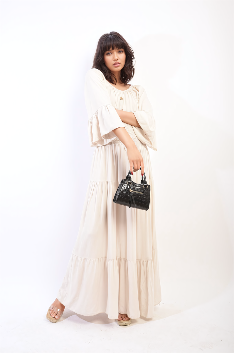 Ruffle Hem Sleeve Shirred Waist Tiered Maxi Dress - BB Fashion Outlet