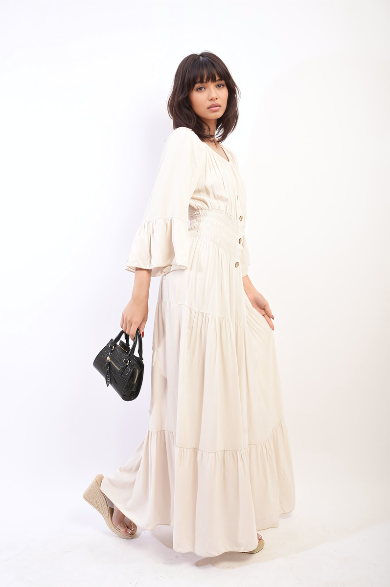 Ruffle Hem Sleeve Shirred Waist Tiered Maxi Dress - BB Fashion Outlet