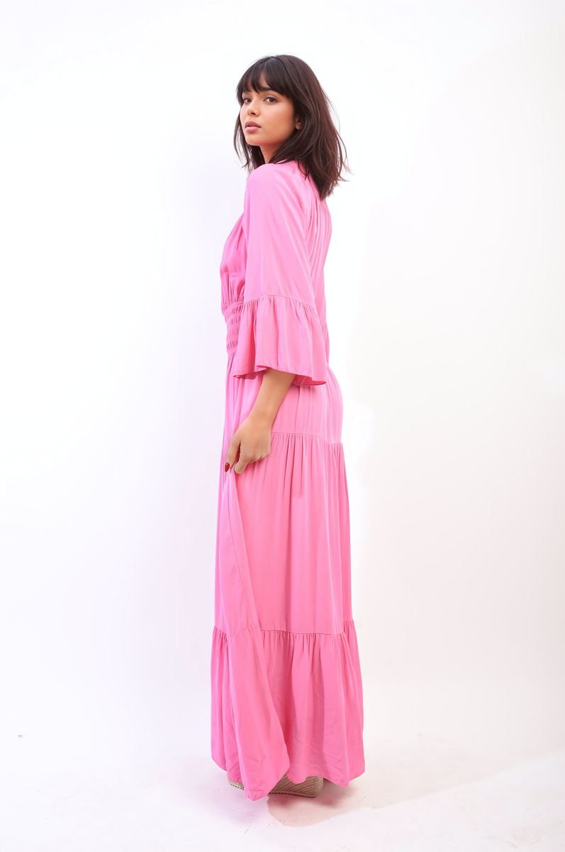 Ruffle Hem Sleeve Shirred Waist Tiered Maxi Dress