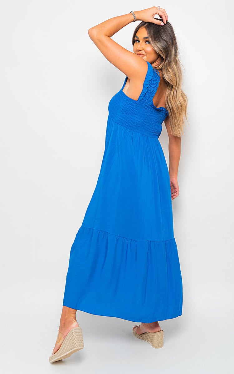 Wide Ruffle Strap Smocked Midi Dress