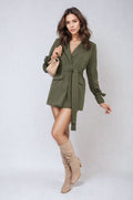 Collared Long Sleeve V-Neck Belted Blazer Jacket - BB Fashion Outlet