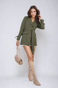 Collared Long Sleeve V-Neck Belted Blazer Jacket - BB Fashion Outlet