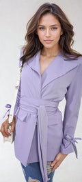 Collared Long Sleeve V-Neck Belted Blazer Jacket - BB Fashion Outlet