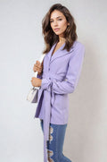 Collared Long Sleeve V-Neck Belted Blazer Jacket - BB Fashion Outlet