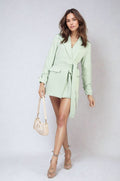 Collared Long Sleeve V-Neck Belted Blazer Jacket - BB Fashion Outlet