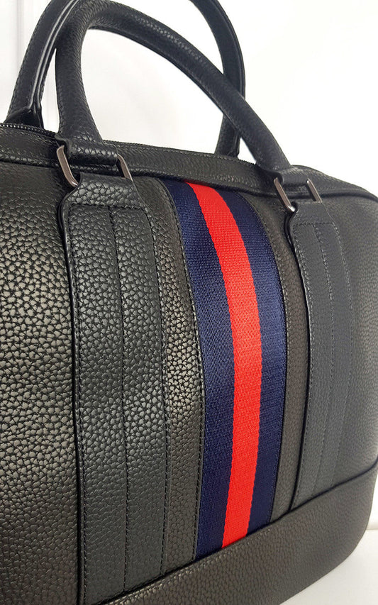 Faux Leather Bowler Bag with Navy and Red Stripe Detail