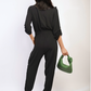 Collar Button-Front Jogger Drawstring Jumpsuit