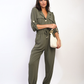 Collar Button-Front Jogger Drawstring Jumpsuit