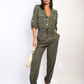 Collar Button-Front Jogger Drawstring Jumpsuit