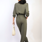 Collar Button-Front Jogger Drawstring Jumpsuit