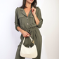 Collar Button-Front Jogger Drawstring Jumpsuit