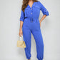 Collar Button-Front Jogger Drawstring Jumpsuit