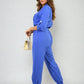 Collar Button-Front Jogger Drawstring Jumpsuit