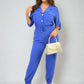 Collar Button-Front Jogger Drawstring Jumpsuit