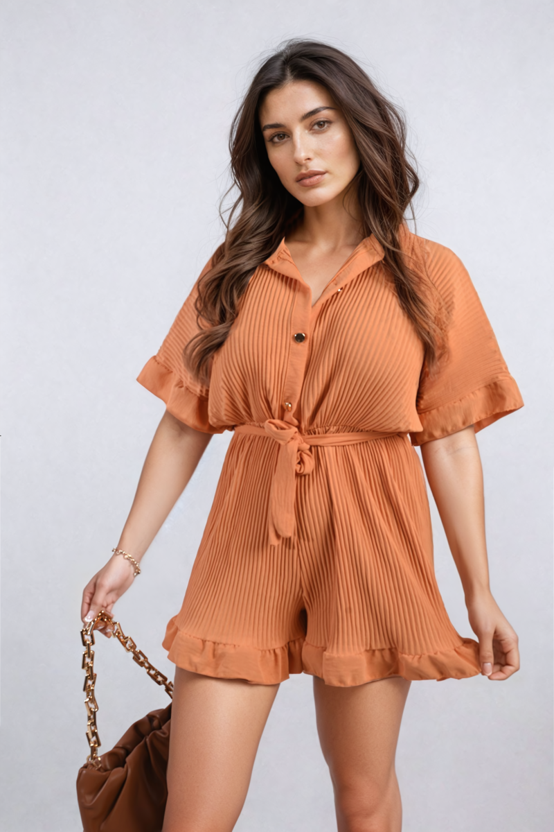 Pleated Frill Ruffle Tie Waist Playsuit - BB Fashion Outlet