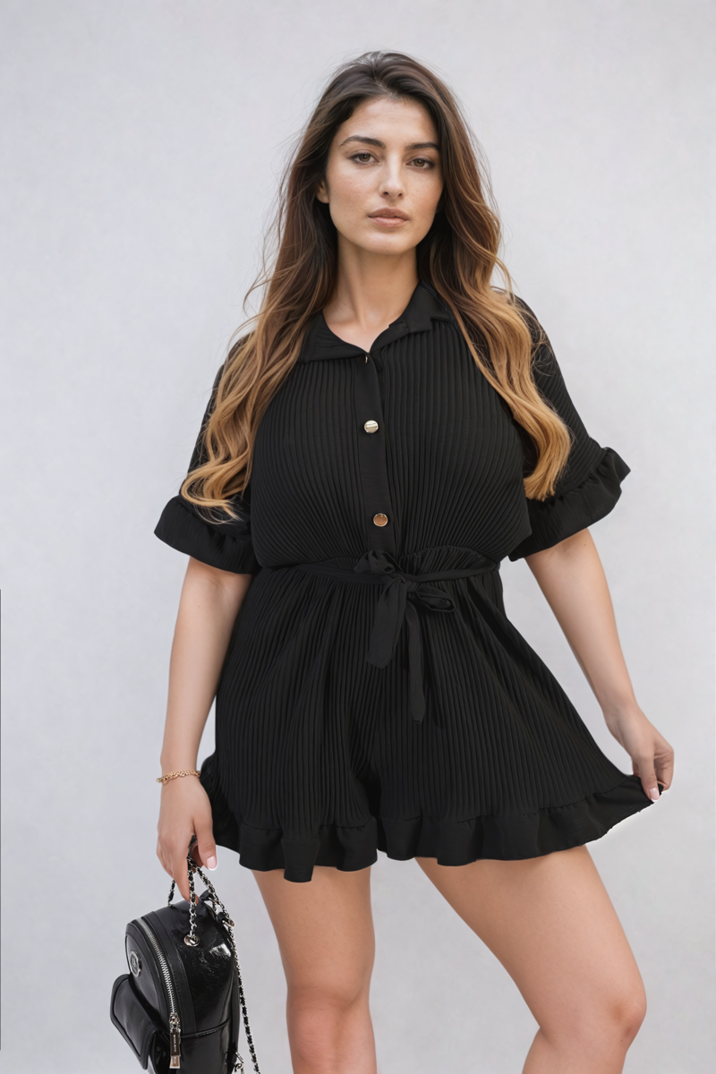 Pleated Frill Ruffle Tie Waist Playsuit - BB Fashion Outlet