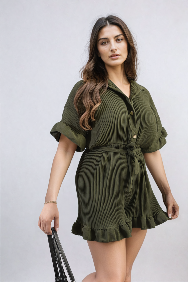 Pleated Frill Ruffle Tie Waist Playsuit - BB Fashion Outlet