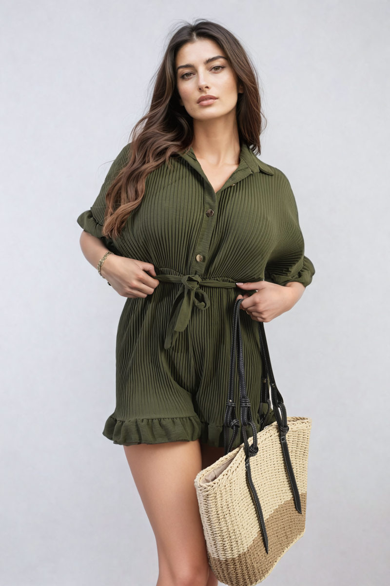 Pleated Frill Ruffle Tie Waist Playsuit - BB Fashion Outlet