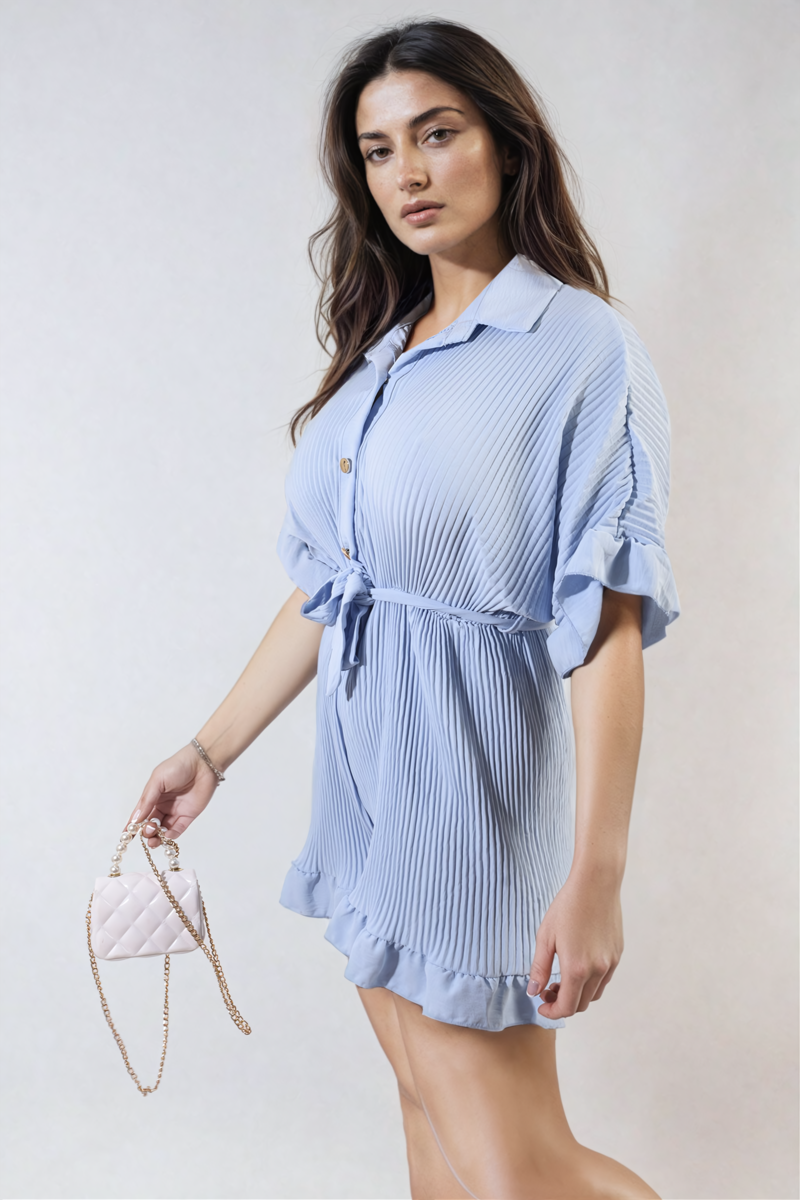 Pleated Frill Ruffle Tie Waist Playsuit - BB Fashion Outlet