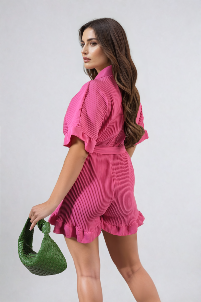 Pleated Frill Ruffle Tie Waist Playsuit - BB Fashion Outlet