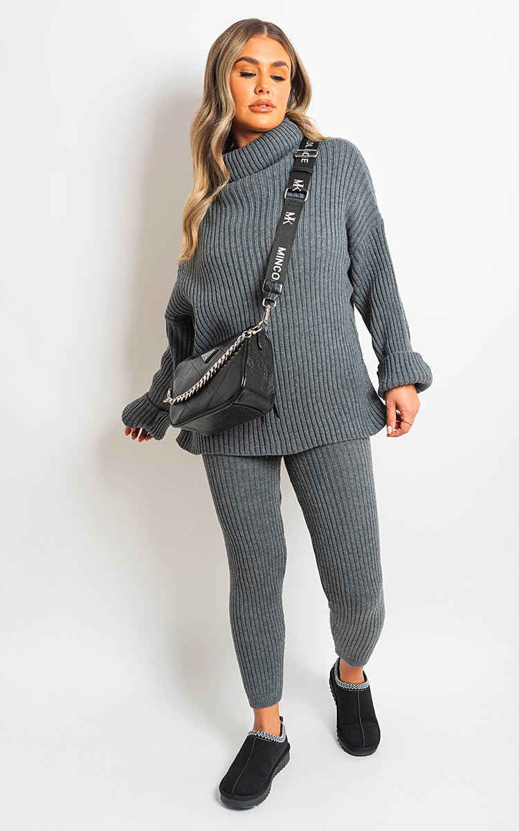 Chunky Knitted High Roll Neck Top Bottom Co-ord Set