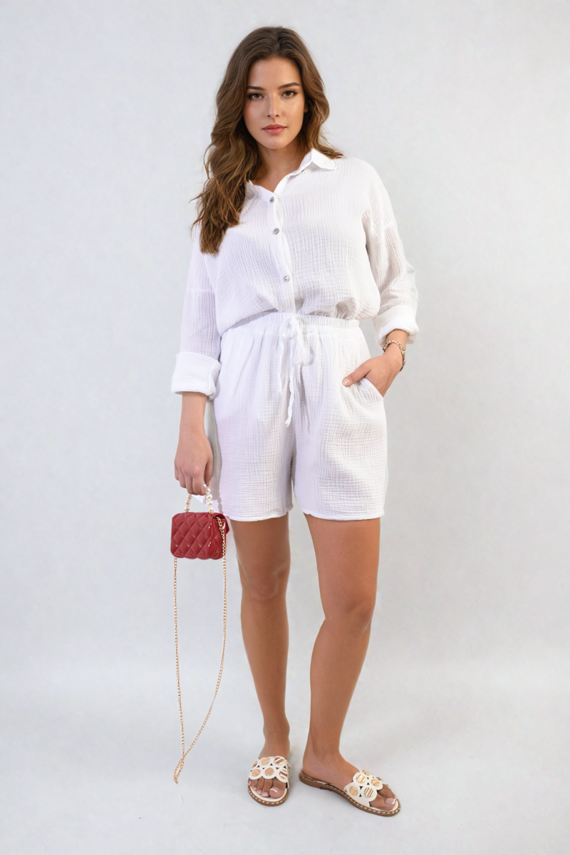 Oversized Button Front Shirt and Shorts Co-ord Set - BB Fashion Outlet