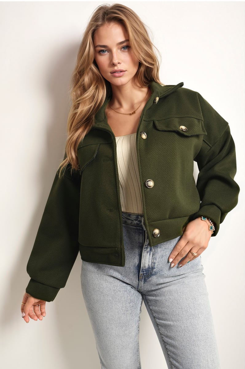 Flap Pocket Long Sleeve Crop Jacket