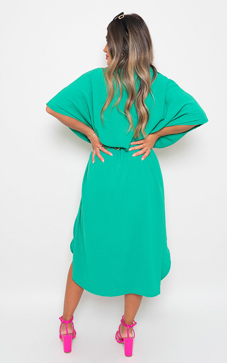 Button Down Collared Midi Dress with Two Front Pockets