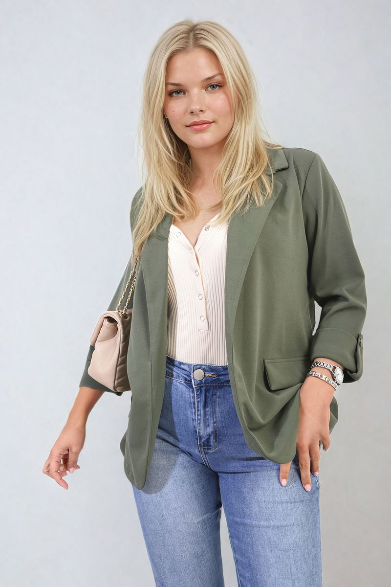 Longline Open Front Blazer Jacket with Front Pockets