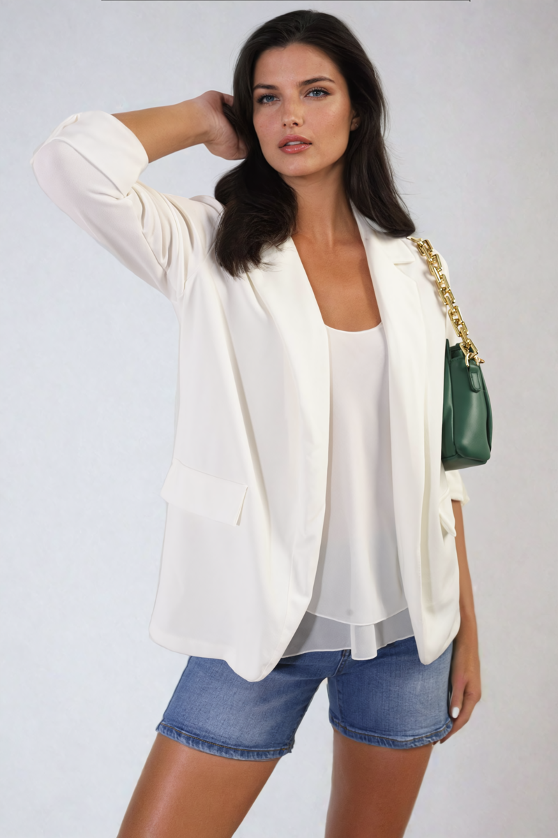 Longline Open Front Blazer Jacket with Front Pockets