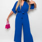 V Neck Tie Waist Short Sleeve Jumpsuit