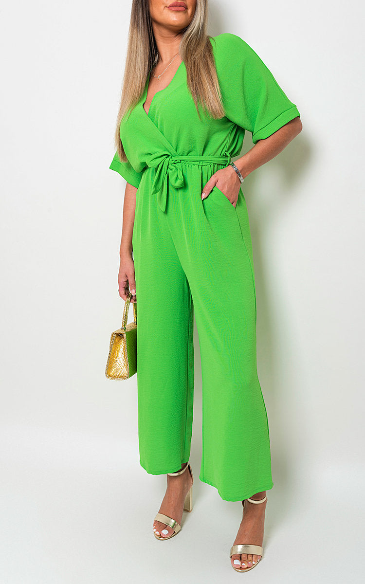 V Neck Tie Waist Short Sleeve Jumpsuit