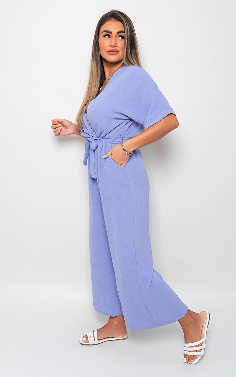 V Neck Tie Waist Short Sleeve Jumpsuit