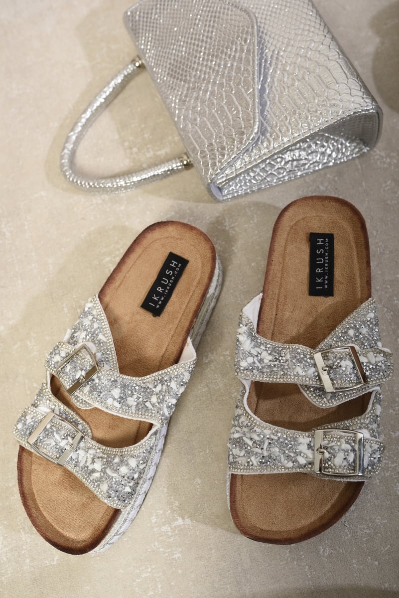 Embellished Stone Double Buckle Platform Sandals - BB Fashion Outlet