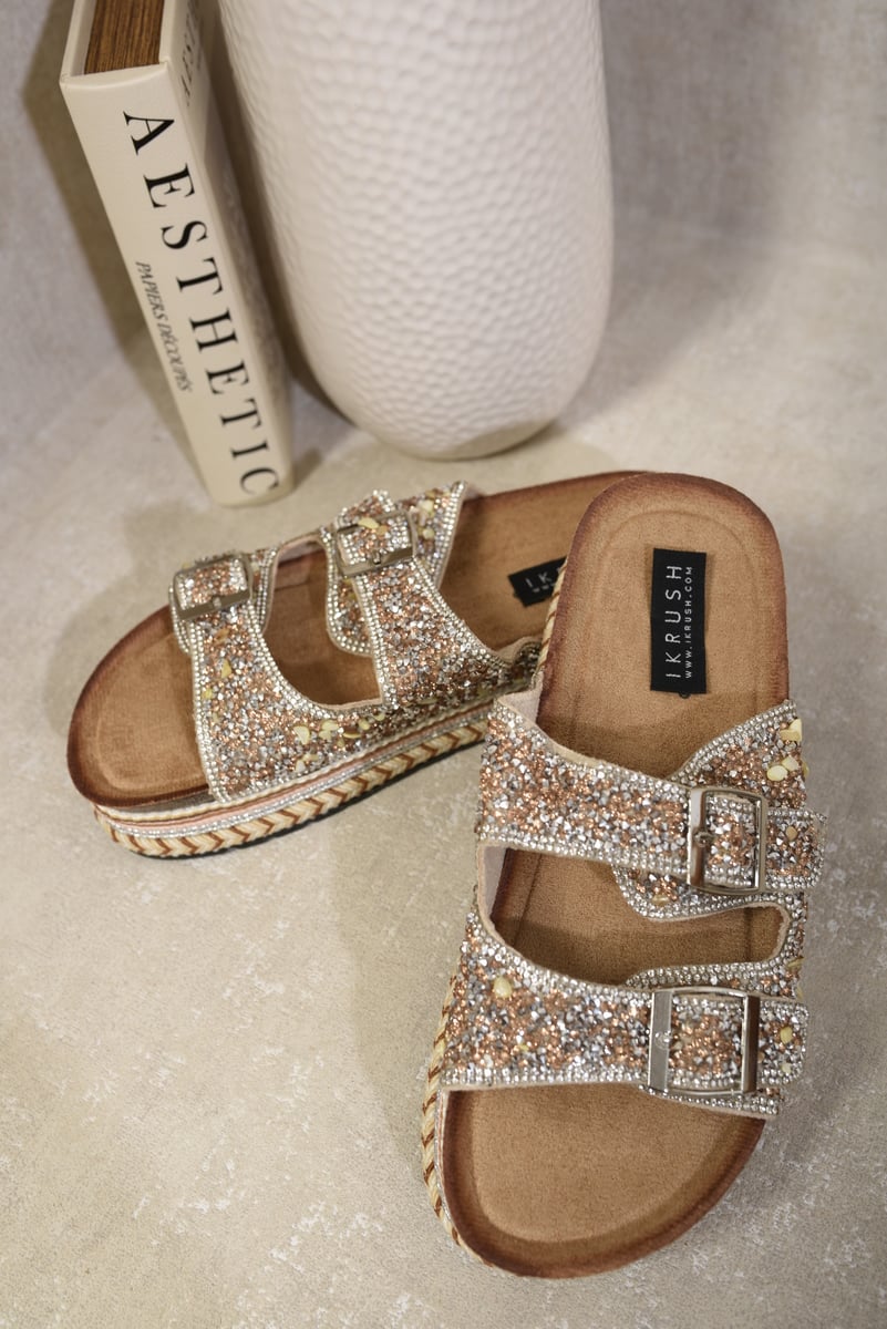 Embellished Stone Double Buckle Platform Sandals - BB Fashion Outlet