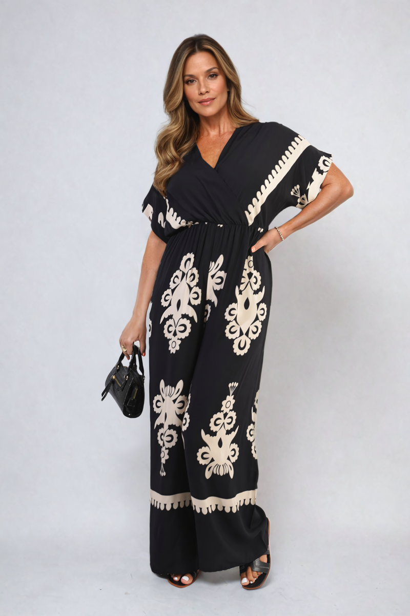 Printed Cross Front Wide Leg Jumpsuit - BB Fashion Outlet