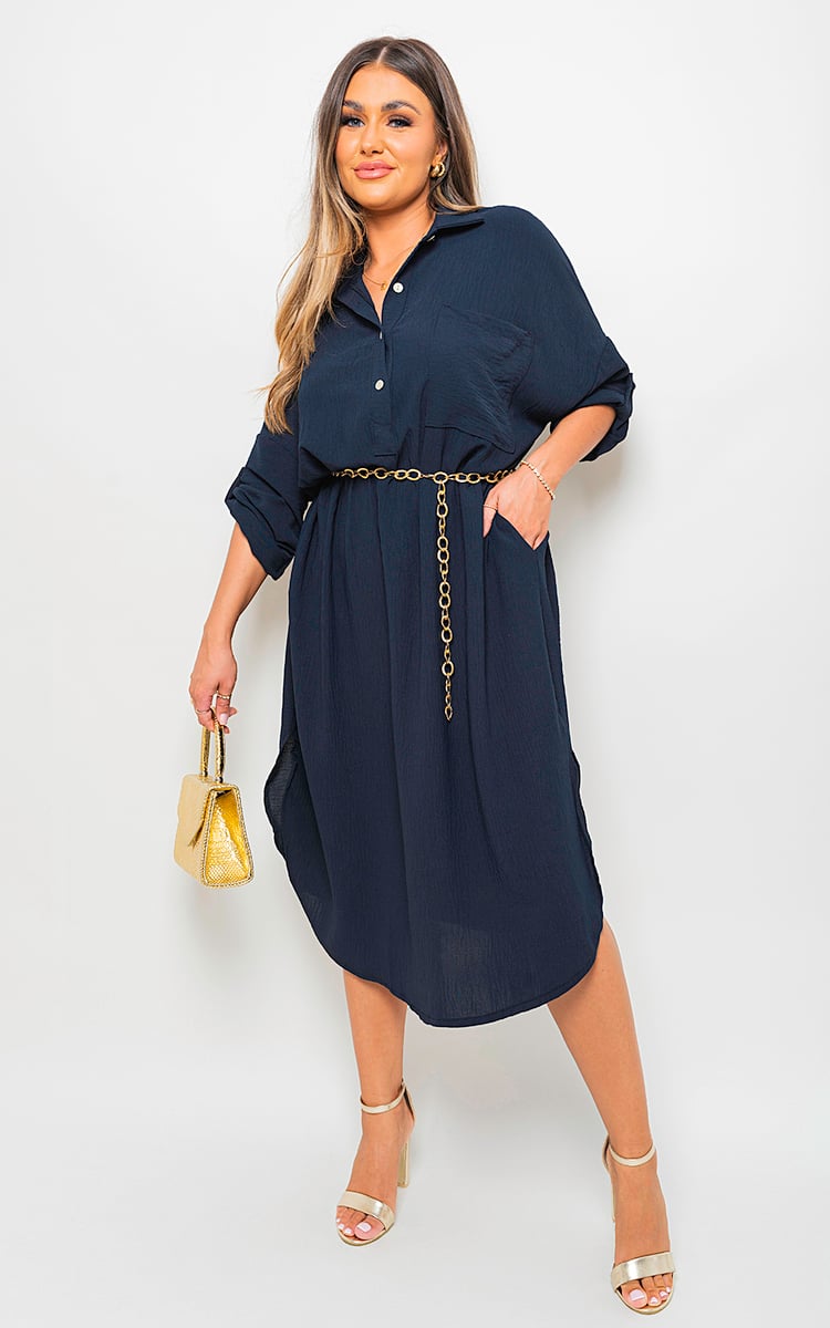 Button Down Pull Up Sleeve Midi Dress with Front Pocket