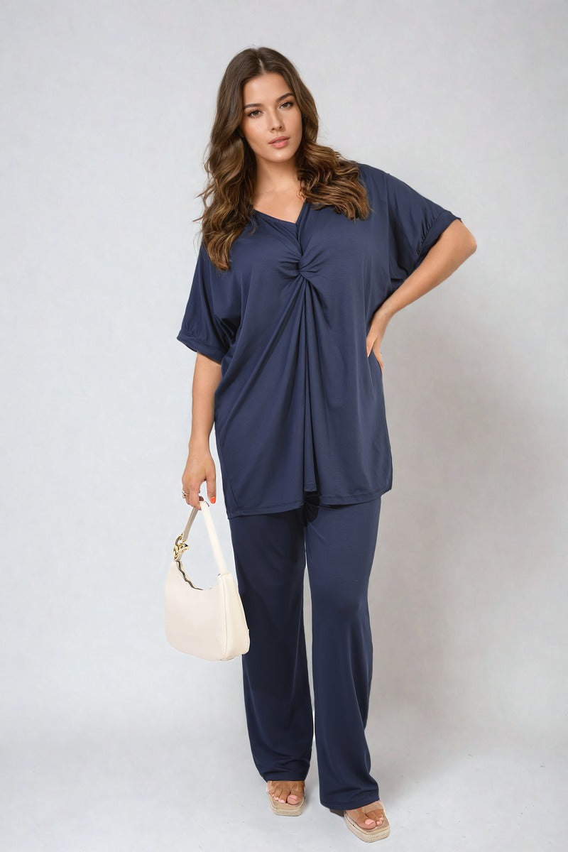 Twist Front Plunge Neckline Top and Trouser Co-ord Set - BB Fashion Outlet