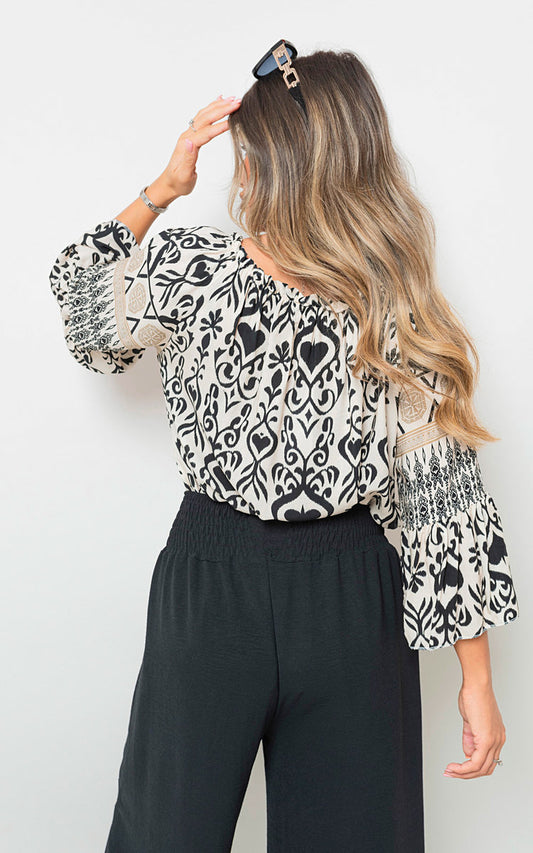 Boho Printed Tassel Tie Neck Long Sleeve Loose Tops