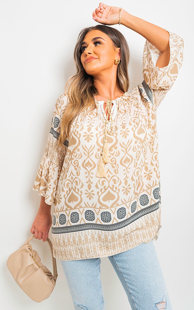 Boho Printed Tassel Tie Neck Long Sleeve Loose Tops