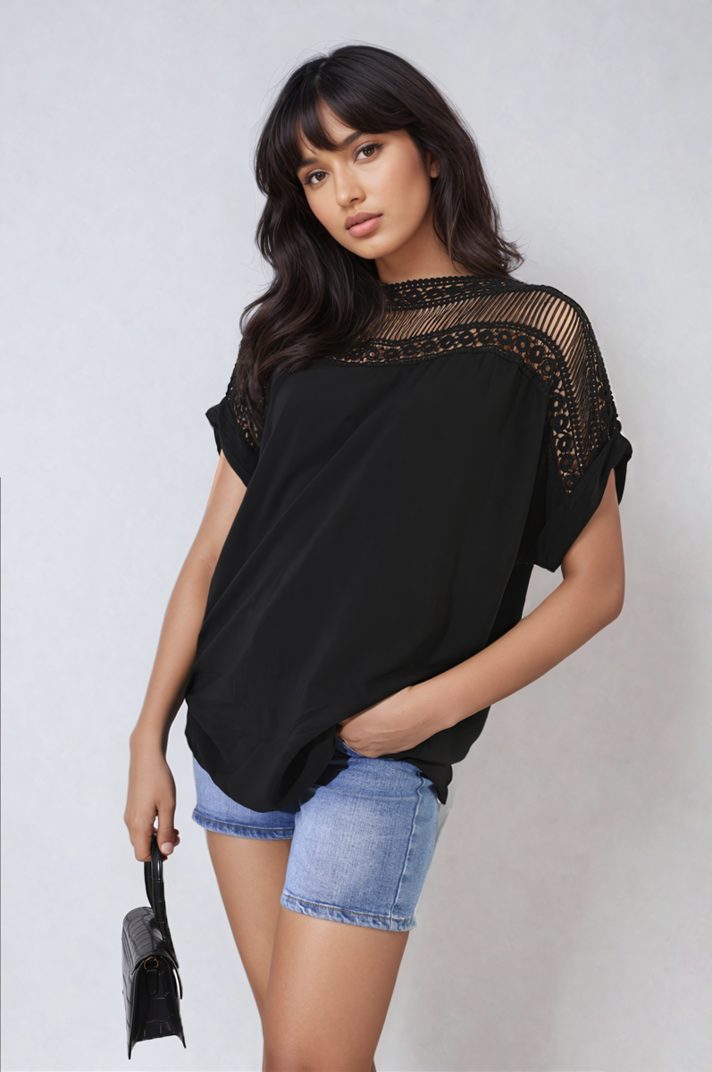 Lace Insert Round Neck Hollow Top