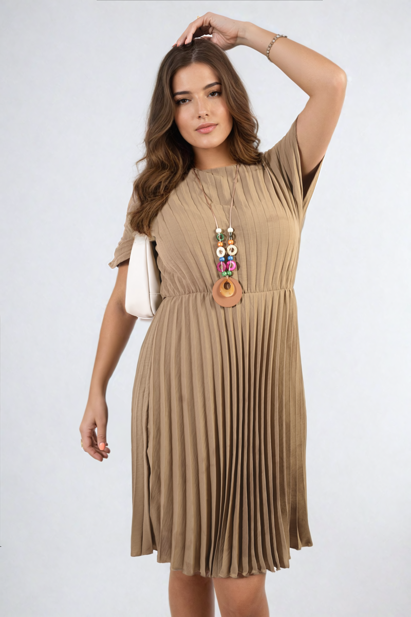 Short Sleeve Pleated Midi Dress