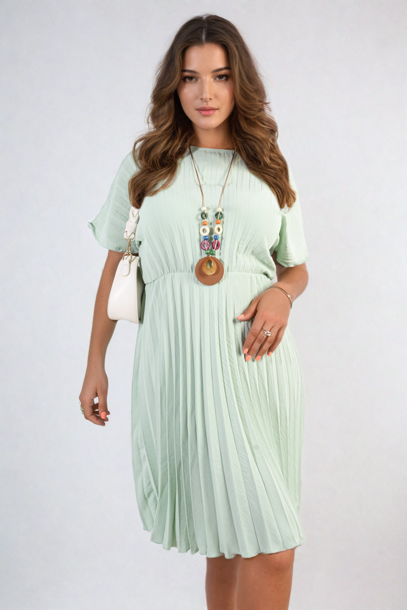 Short Sleeve Pleated Midi Dress - BB Fashion Outlet