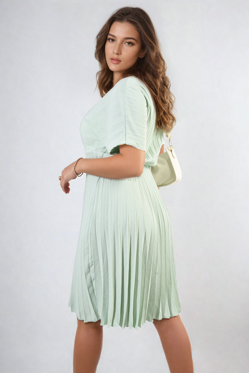 Short Sleeve Pleated Midi Dress - BB Fashion Outlet