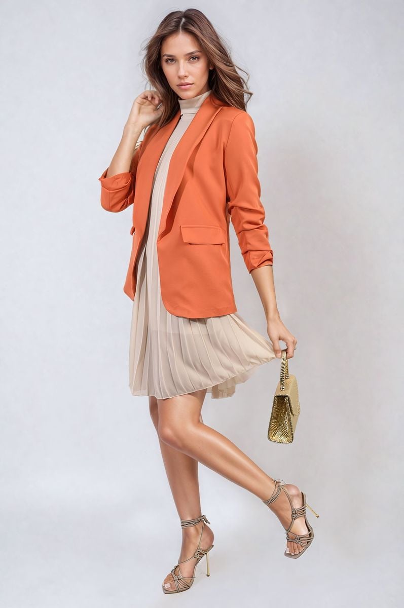 Ruched Sleeve Open Front Blazer Jacket with Front Pockets