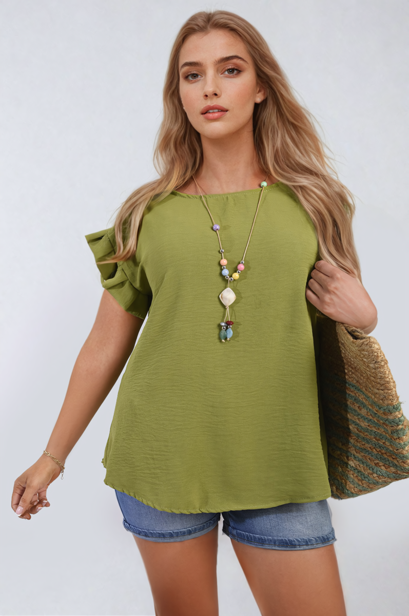 Ruffle Trim Sleeve Top - BB Fashion Outlet