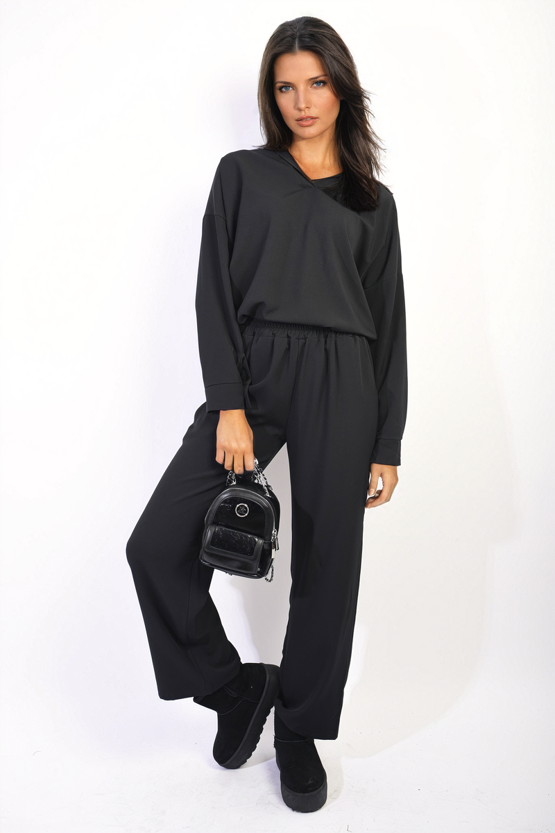 V-neck Long Sleeve Top and Wide Leg Trousers Co-ord Set