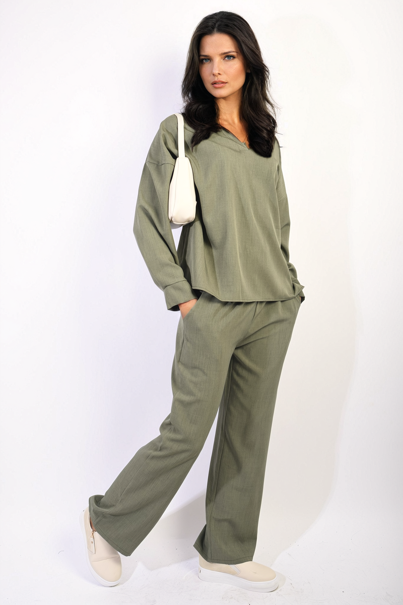 V-neck Long Sleeve Top and Wide Leg Trousers Co-ord Set